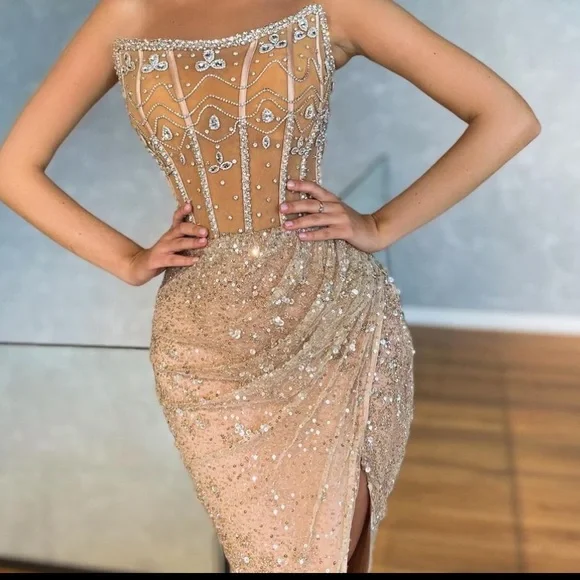 High End Gorgeous Crystal Champagne Side Slit Dress - Picture 3 of 7